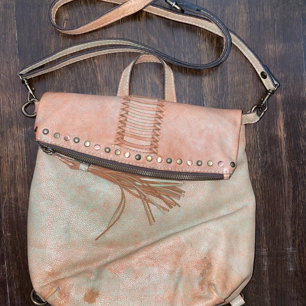 Patricia Nash Tan and Green Leather Backpack with Vintage Finish